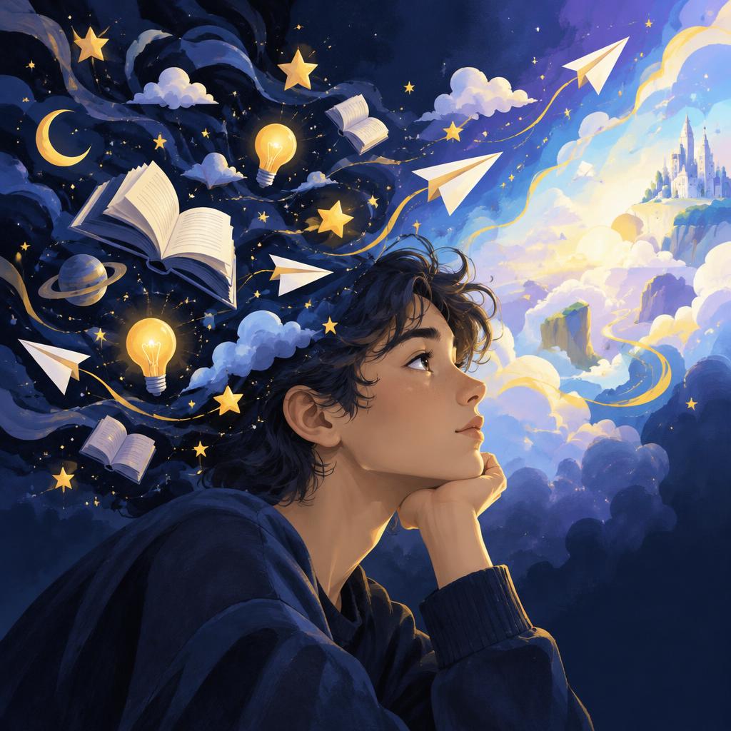 Pessoa pensativa cercada por aviões de papel, livros, lâmpadas e estrelas